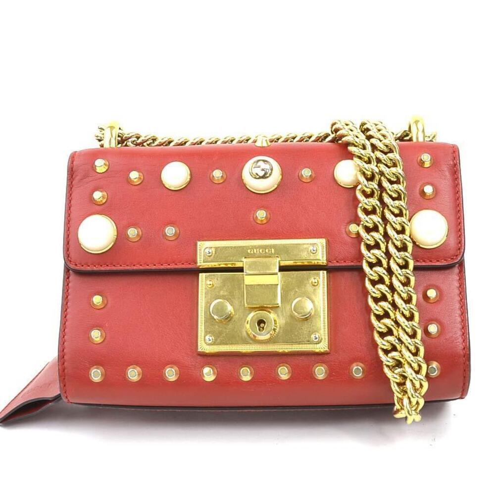 Gucci Leather Metal Pearl Shoulder Bag Red